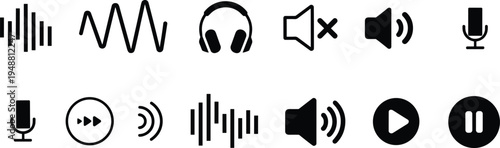 Audio and media icon set, sound and playback artwork illustration, recording and control design inspiration, music symbols collection