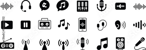 Audio and music icon set, sound and broadcasting artwork illustration, media and entertainment design inspiration, audio technology symbols collection