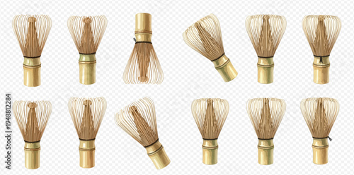 Set of bamboo matcha tea whisks in various positions for traditional Japanese tea ceremony.