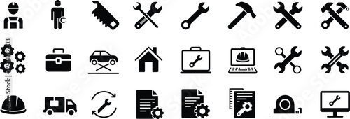 Construction and engineering icon set, mechanical tools artwork illustration, repair and maintenance design inspiration, technical work symbols collection