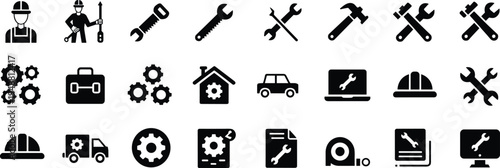 Construction and engineering icon set, mechanical tools artwork illustration, repair and maintenance design inspiration, technical work symbols collection