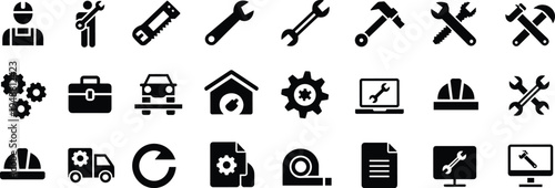 Construction and tools icon set, engineering and maintenance artwork illustration, building and repair design inspiration, technical work symbols collection