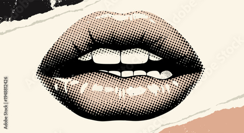 retro halftone collage, mixed media design elements, halftone dot texture, pop art dotted style, vintage grunge punk art, crazy punk collage, beautiful lips illustration, pop art lips halftone, distre