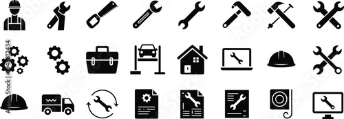 Construction and tools icon set, engineering and maintenance artwork illustration, repair and building design inspiration, technical work symbols collection