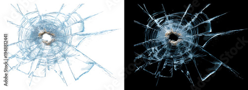 Blue cracked glass bullet hole effect transparent background black