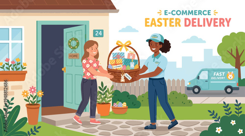E-commerce Easter Delivery Vector Illustration: Female Courier Delivering Holiday Gift Basket to Woman at Home Doorstep with Fast Delivery Van