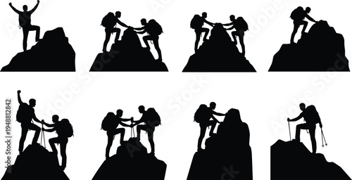 Mountain climber silhouettes teamwork collection, hikers helping partners reach rocky summit peak, mountaineering adventure success concept isolated on white background outdoor expedition set