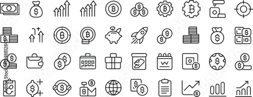 Finance and cryptocurrency icon set, economic growth artwork illustration, investment and savings design inspiration, business and money symbols collection