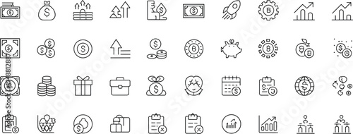 Finance and money icon set, investment and savings artwork illustration, cryptocurrency and business design inspiration, economic symbols collection