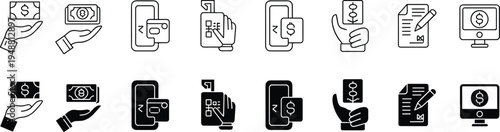 Financial services icon set, payment and transaction artwork illustration, mobile banking and digital design inspiration, currency and finance symbols collection