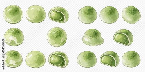 Watercolor green mochi dessert set with matcha flavor, whole and cut, on transparent background.