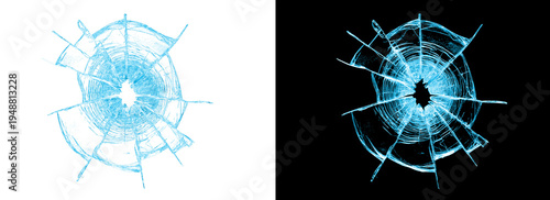Foto Cyan blue broken glass hole with radial cracks on alpha transparency