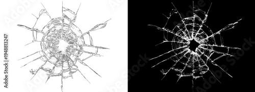 Foto Shattered glass window pane with central impact point and long cracks