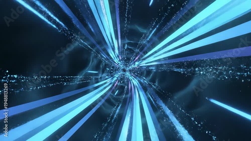 Abstract futuristic wormhole tunnel with glowing blue and purple light beams traveling through space.