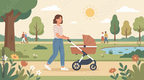 A happy mother enjoys a sunny day at the park with her baby and family, showing love and care.
