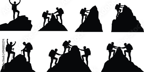 Mountain climber silhouettes teamwork collection, hikers helping partners reach rocky summit peak, outdoor mountaineering adventure success concept isolated on white background expedition set