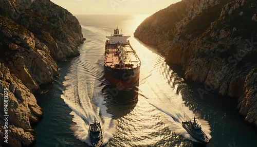 a massive oil tanker passing through a narrow rocky strait, two fast attack boats moving alongside