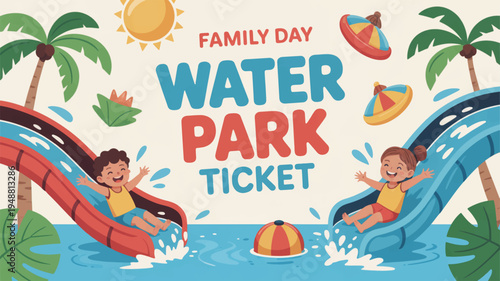 Family day at water park with kids on colorful slides and tropical background