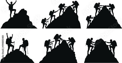 Mountain climber silhouettes teamwork set, hikers helping each other reach summit on rocky peak, adventure mountaineering success concept isolated on white background