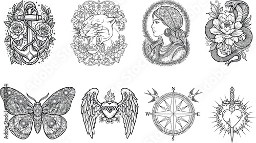 Traditional Tattoo Flash Line Art Vector Illustrations Bundle. Old School Vintage Designs with Anchor, Panther, Snake, Gypsy Woman, Moth, Compass and Sacred Heart. Black and White Outline Set.