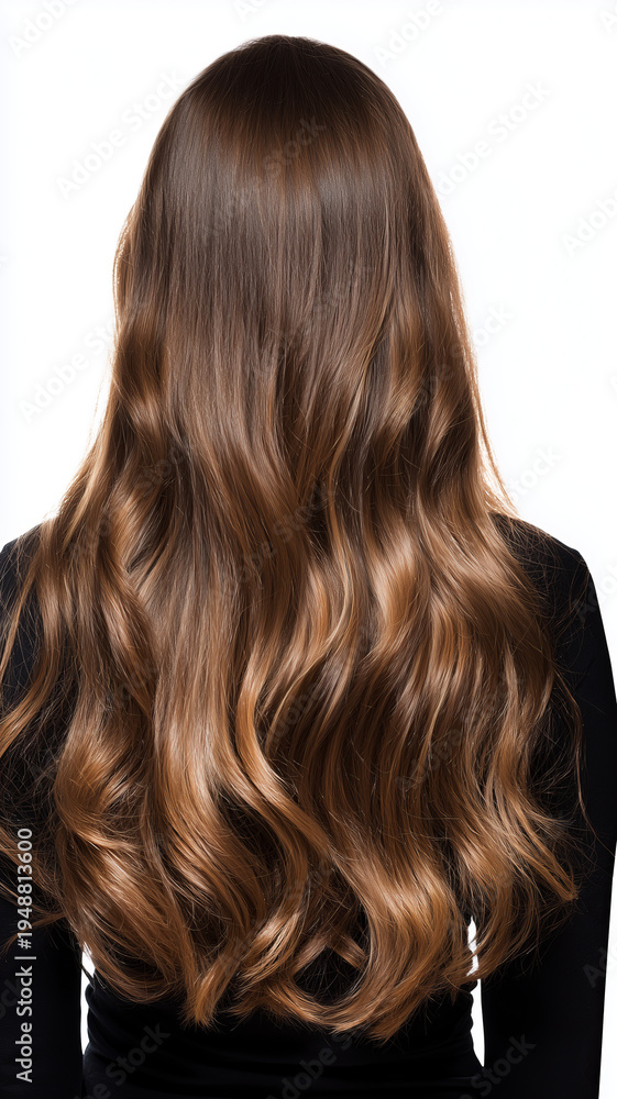 Naklejka premium Back view of a woman with long, shiny, and wavy brown hair with caramel highlights