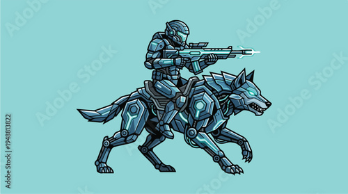 Robotic soldier on dog robot.