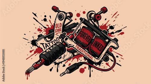 Tattoo machine with needles and ink.