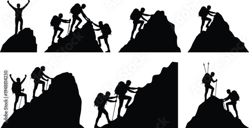 Mountain climber silhouettes teamwork set, hikers helping partners climb rocky peak and reach summit, mountaineering adventure success concept isolated on white background