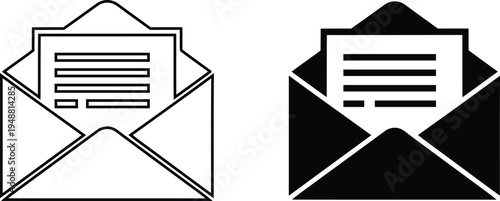 Two icons depicting an open envelope with a letter inside are shown in outline and solid black styles.