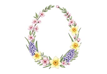 Watercolor floral wreath with pink, yellow and purple flowers