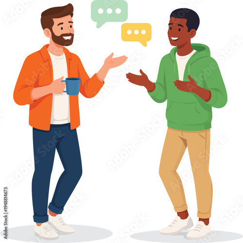 Two men engaging in a friendly conversation while standing and gesturing with their hands