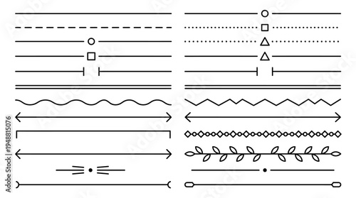 "Variety of decorative line dividers with geometric, wavy, dotted, and artistic motifs for design use."