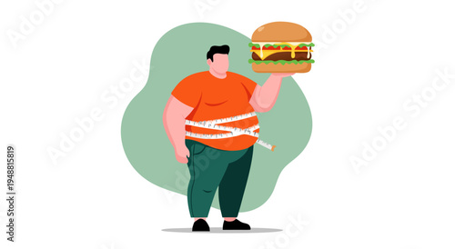 A vector illustration of an overweight man holding a large hamburger with a measuring tape around his waist, symbolizing unhealthy eating habits and weight gain