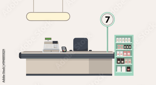 Supermarket check-out counter illustration, vector art, shopping cart, retail, and cashier desk in a minimalist style for design projects