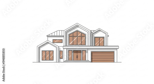 Modern two story house with gable roof and large windows architectural design white and brown color scheme residential building illustration