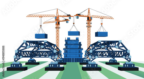 Construction Cranes Building Structure and Modular Components - Vector Illustration