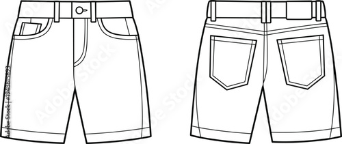Denim shorts template with front and back views minimalist fashion apparel design mockup illustration