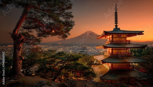 Japanese pagoda at sunset, Fuji mountain backdrop