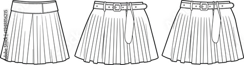 Fashion technical sketch of pleated mini skirts with belt vector outline women apparel design template isolated illustration