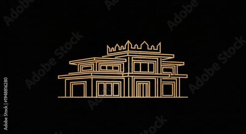 Golden outline of a luxurious two story house with a crown on a black background symbolizing wealth and royalty in architecture