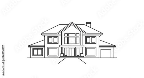 Large two story house with garage and chimney in architectural line drawing style on white background