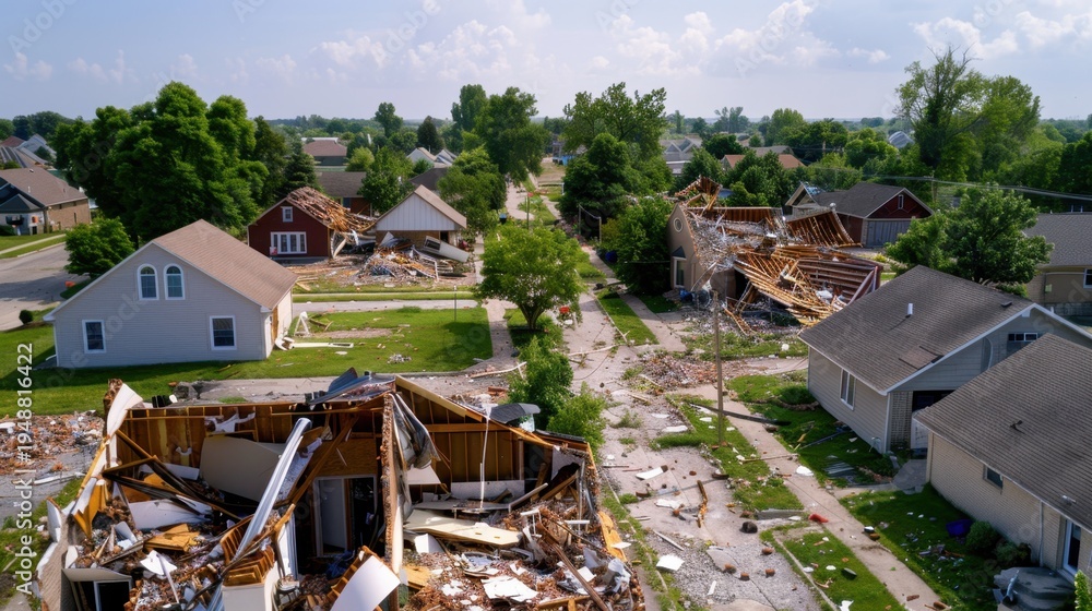 Fototapeta premium Devastation After Tornado Strikes Residential Neighborhood with Damaged Homes and Debris Scattered Across Streets