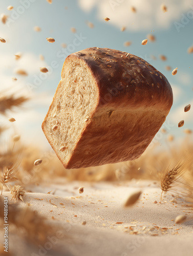 A crusty loaf of artisan wheat bread floating in the air with grains against a warm sky
