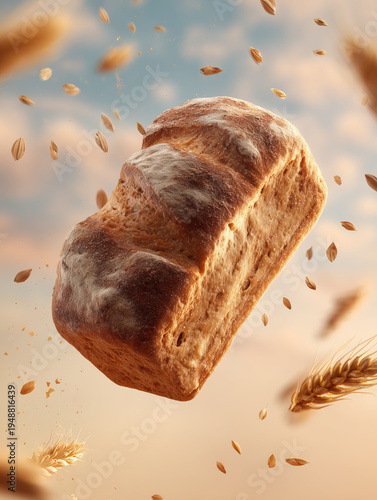 A crusty loaf of artisan wheat bread floating in the air with grains against a warm sky