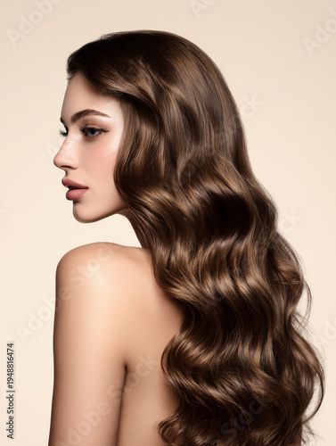 Profile portrait of a woman with long, voluminous, shiny brown wavy hair and elegant makeup