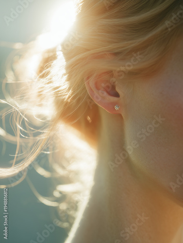 Backlit close-up of a woman's ear, jawline, and blonde hair with a sparkling earring.