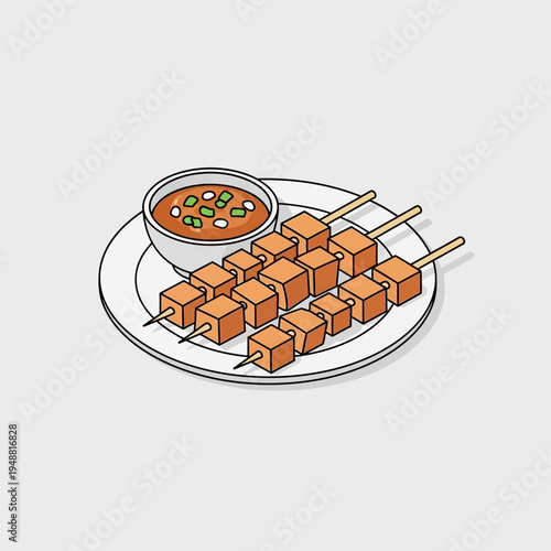 A plate of tofu skewers with a small bowl of dipping sauce, a delicious meal.
