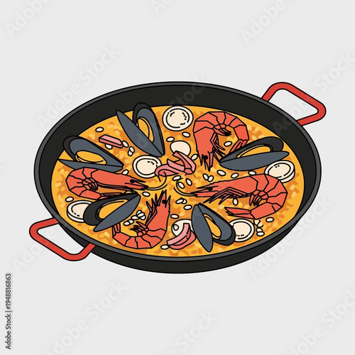 A vibrant illustration of a seafood paella dish, showcasing various ingredients in a pan.