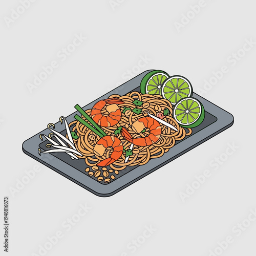 A detailed image of Pad Thai noodles with shrimp and lime slices on a plate.