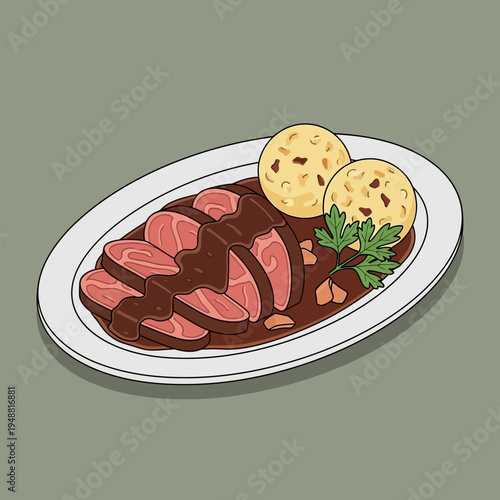A plate of sliced roast beef with gravy and two dumplings, garnished with parsley.